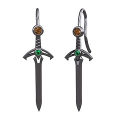 Kılıç Küpe - Dumanlı kuvars ve yeşil kuvars 925 ayar siyah rodyum kaplama gümüş küpe #ri8x98