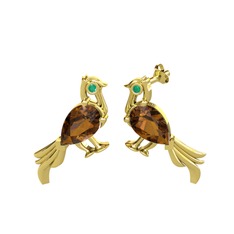 Guguk Kuşu Küpe - Dumanlı kuvars ve kök zümrüt 14 ayar altın küpe #10r9016