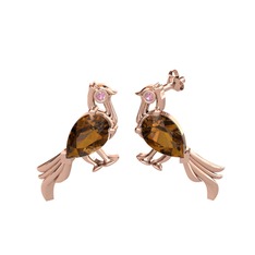 Guguk Kuşu Küpe - Dumanlı kuvars ve pembe kuvars 18 ayar rose altın küpe #13ydxgw