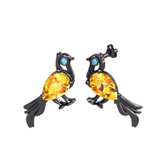 Guguk Kuşu Küpe - Sitrin ve akuamarin 925 ayar siyah rodyum kaplama gümüş küpe #16u7k6x