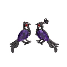 Guguk Kuşu Küpe - Ametist ve garnet 925 ayar siyah rodyum kaplama gümüş küpe #2zb0t1