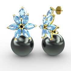 Kar Çiçeği İnci Küpe - Siyah inci ve akuamarin 18 ayar altın küpe #1dsbkau