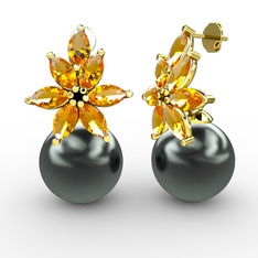 Kar Çiçeği İnci Küpe - Siyah inci ve sitrin 8 ayar altın küpe #1sf7bcs