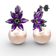 Kar Çiçeği İnci Küpe - Pembe inci ve ametist 925 ayar siyah rodyum kaplama gümüş küpe #5lo1nr