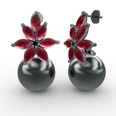 Kar Çiçeği İnci Küpe - Siyah inci ve kök yakut 925 ayar siyah rodyum kaplama gümüş küpe #e0e10l