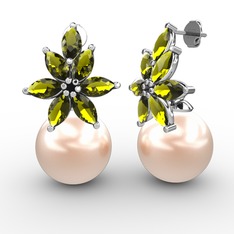 Kar Çiçeği İnci Küpe - Pembe inci ve peridot 18 ayar beyaz altın küpe #fgj1vt