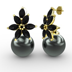 Kar Çiçeği İnci Küpe - Siyah inci ve siyah zirkon 14 ayar altın küpe #h38wmz