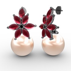 Kar Çiçeği İnci Küpe - Pembe inci ve kök yakut 925 ayar siyah rodyum kaplama gümüş küpe #mltbpd