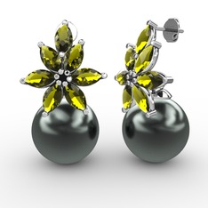 Kar Çiçeği İnci Küpe - Siyah inci ve peridot 18 ayar beyaz altın küpe #nhydf1