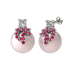 Afra İnci Küpe - Swarovski, rodolit garnet ve pembe inci 14 ayar beyaz altın küpe #o55vng