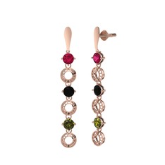 Rodolit garnet, siyah zirkon ve peridot 8 ayar rose altın küpe