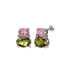 Pembe kuvars, peridot ve pırlanta 14 ayar beyaz altın küpe (0.072 karat)