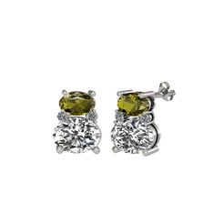 Peridot, swarovski ve pırlanta 14 ayar beyaz altın küpe (0.072 karat)