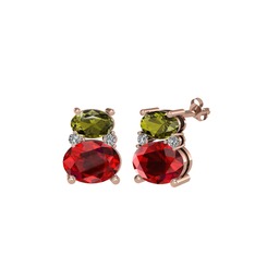 Peridot, garnet ve beyaz zirkon 14 ayar rose altın küpe