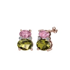 Thea Küpe - Pembe kuvars, peridot ve swarovski 14 ayar rose altın küpe #6focd8