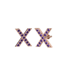 Taşlı X Küpe - Ametist 18 ayar rose altın küpe #7cayp9