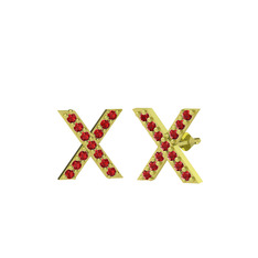 Taşlı X Küpe - Garnet 18 ayar altın küpe #9nzdsp