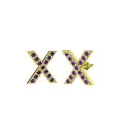 Taşlı X Küpe - Ametist 18 ayar altın küpe #agwm0w