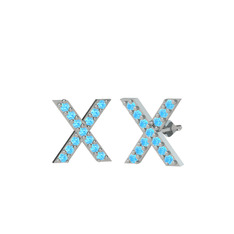 Taşlı X Küpe - Akuamarin 8 ayar beyaz altın küpe #cccxlb