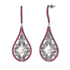 Apodemia İnci Küpe - Inci, swarovski ve rodolit garnet 8 ayar beyaz altın küpe #midva6