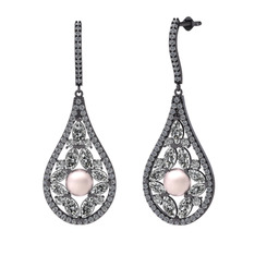 Apodemia İnci Küpe - Pembe inci, swarovski ve pırlanta 925 ayar siyah rodyum kaplama gümüş küpe (1.11 karat) #p330j4