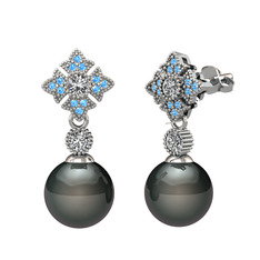Siyah inci, swarovski ve akuamarin 925 ayar gümüş küpe