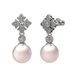 Teimei İnci Küpe - Pembe inci, swarovski ve pırlanta 8 ayar beyaz altın küpe (0.2112 karat) #1afrybp