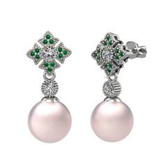 Teimei İnci Küpe - Pembe inci, swarovski ve yeşil kuvars 14 ayar beyaz altın küpe #zhkzuj