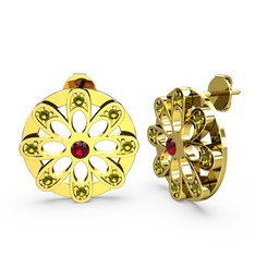 Dahlia Çiçek Küpe - Peridot ve garnet 14 ayar altın küpe #1ir2o7v