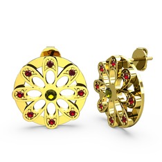 Dahlia Çiçek Küpe - Garnet ve peridot 14 ayar altın küpe #ai14zr