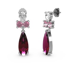 Rodolit garnet, swarovski ve pembe kuvars 8 ayar beyaz altın küpe