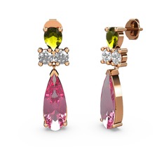 Pembe kuvars, peridot ve swarovski 925 ayar rose altın kaplama gümüş küpe