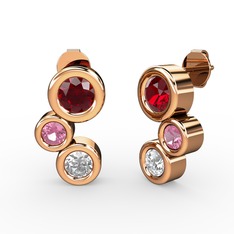 Swarovski, garnet ve pembe kuvars 14 ayar rose altın küpe