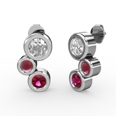 Rodolit garnet, swarovski ve kök yakut 18 ayar beyaz altın küpe