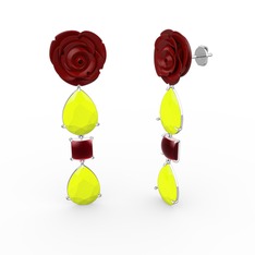 Gül Damlası Küpe - Neon sarı akrilik ve kök yakut 925 ayar gümüş küpe (Kırmızı mineli) #1spqqru