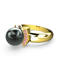 Lina İnci Yüzük - Siyah inci ve pembe kuvars 925 ayar altın kaplama gümüş yüzük #1o60j6a