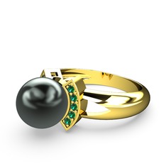 Lina İnci Yüzük - Siyah inci ve yeşil kuvars 8 ayar altın yüzük #d28m19