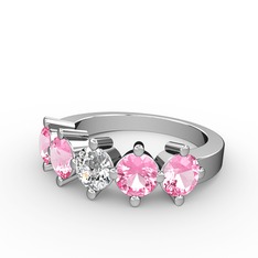 5 Taşlı Yüzük - Swarovski ve pembe kuvars 18 ayar beyaz altın yüzük #1xst655