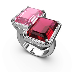 Pembe kuvars, rodolit garnet ve swarovski 14 ayar beyaz altın yüzük