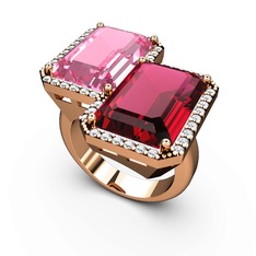 Pembe kuvars, rodolit garnet ve swarovski 925 ayar rose altın kaplama gümüş yüzük