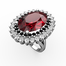 Garnet, siyah zirkon ve swarovski 8 ayar beyaz altın yüzük