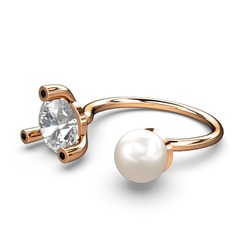 İncili Tektaş Yüzük - Inci, swarovski ve siyah zirkon 14 ayar rose altın yüzük #11ao2jj