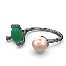 İncili Tektaş Yüzük - Pembe inci, kök zümrüt ve yeşil kuvars 925 ayar siyah rodyum kaplama gümüş yüzük #1mfkswm
