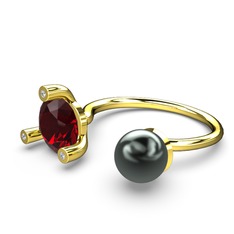 İncili Tektaş Yüzük - Siyah inci, garnet ve swarovski 8 ayar altın yüzük #1x68viq