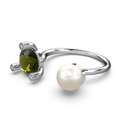 İncili Tektaş Yüzük - Inci, peridot ve swarovski 18 ayar beyaz altın yüzük #xqpvql