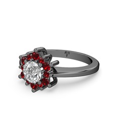 Floral Çiçek Yüzük - Garnet ve beyaz zirkon 925 ayar siyah rodyum kaplama gümüş yüzük #12p9kse