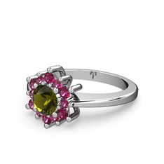 Floral Çiçek Yüzük - Rodolit garnet ve peridot 18 ayar beyaz altın yüzük #1grn6hr