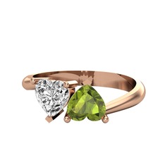 İkili Ena Kalp Yüzük - Swarovski ve peridot 8 ayar rose altın yüzük #1v26k08