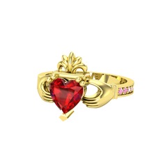 Kalp Claddagh Yüzük - Garnet ve pembe kuvars 8 ayar altın yüzük #10niatx
