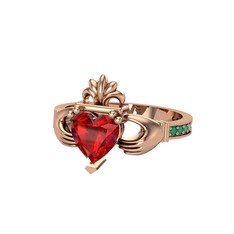 Kalp Claddagh Yüzük - Garnet ve kök zümrüt 925 ayar rose altın kaplama gümüş yüzük #12p5rkk